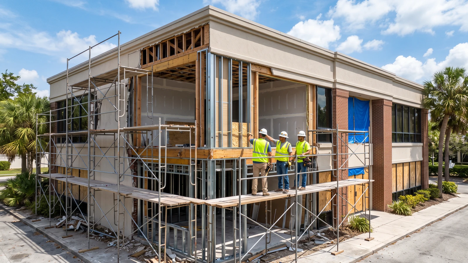 Contractor crew on scaffolding during commercial property reconstruction of a damaged two story office building in Orlando